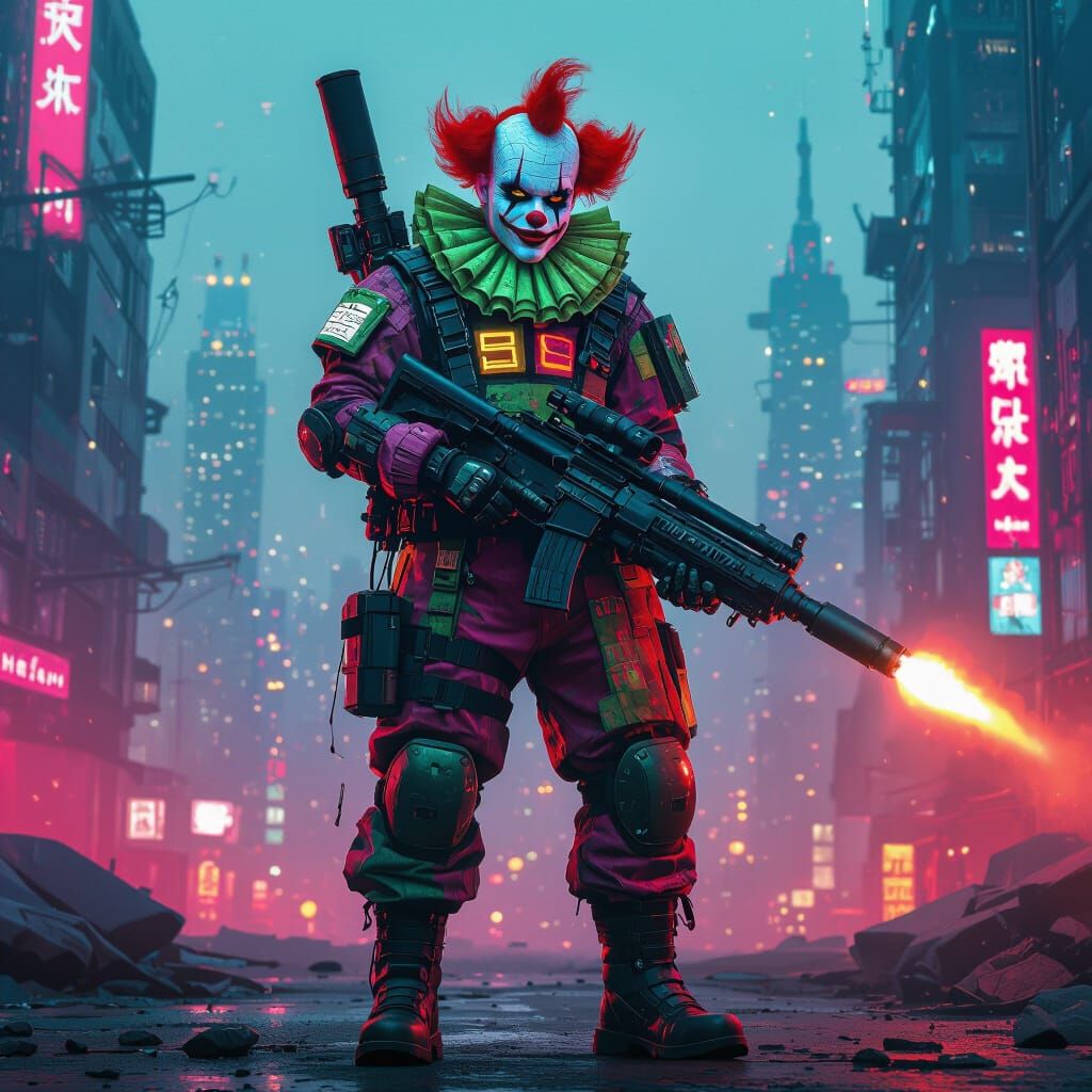 Cyberpunk Clown with Missile Launcher in Dystopian Cityscape