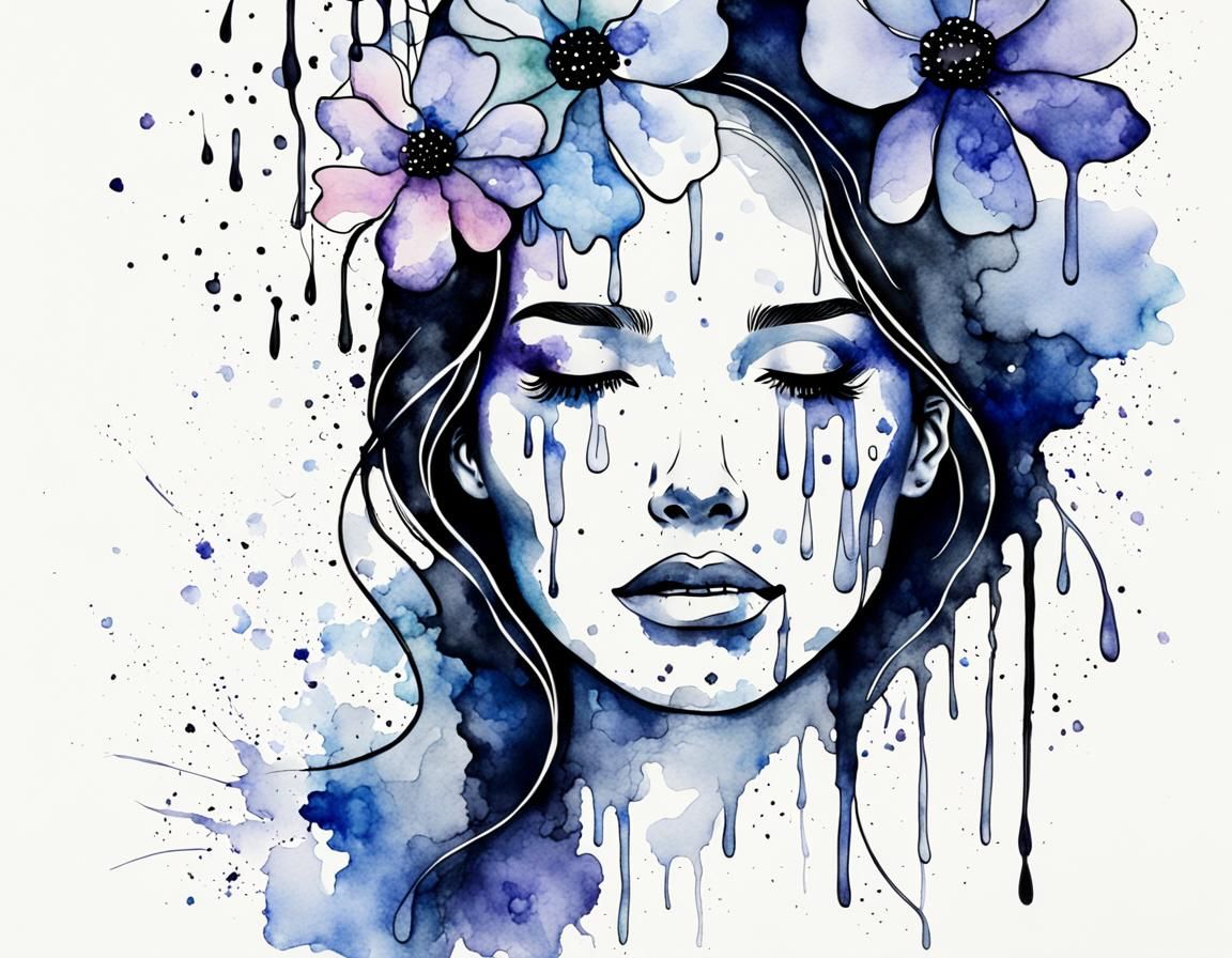 Woman Outline with Dripping Watercolor Flowers