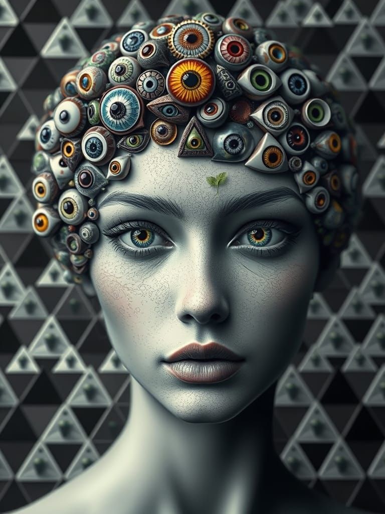 Surreal Goddess with Eye-Haired Majesty Amidst Ancient Black...