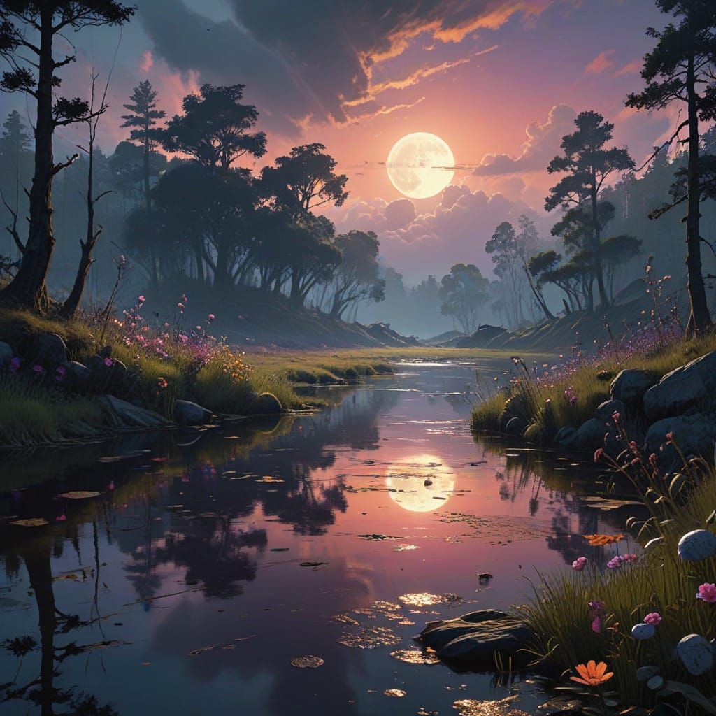 Ethereal Pond Scene in Moody Hyperrealism