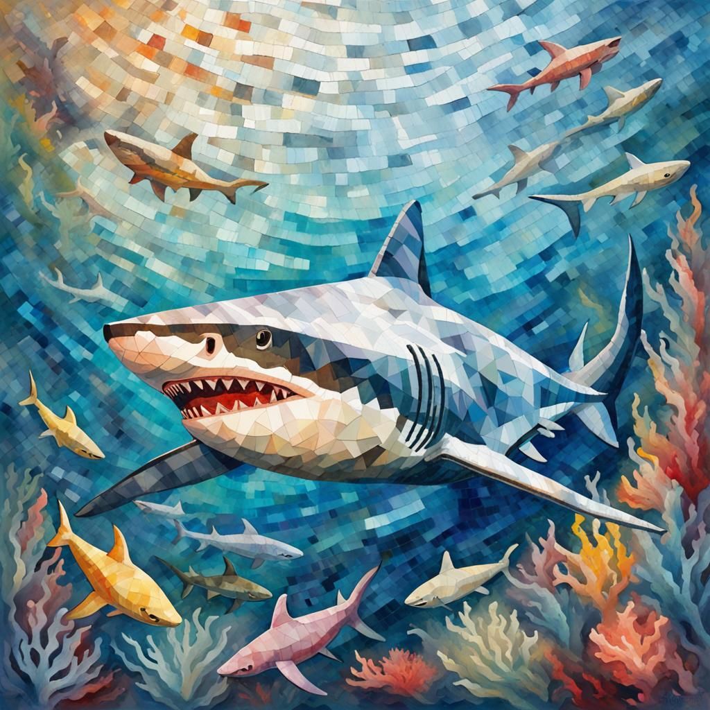 Underwater Shark in Gouache Mosaic Style