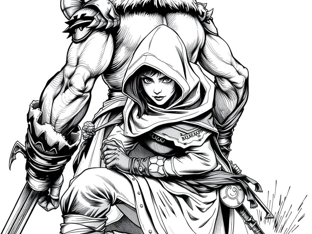 Sepia Ink Drawing of Fantasy Rogue Crouching