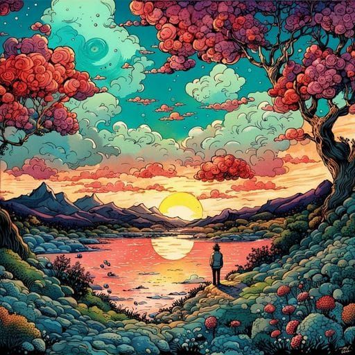 Contemplative Man Gazes at Sunset, Digital Art