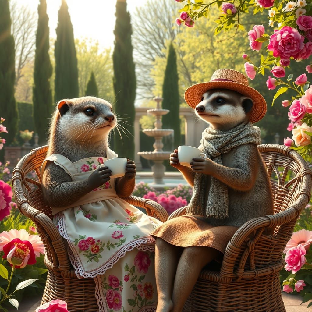 Whimsical Italian Garden Scene with Tradwife Otter and Meerk...