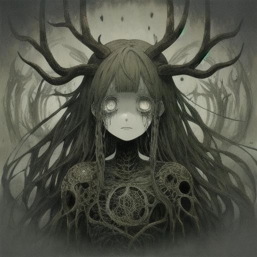 Antlered Anime Girl in Fantasy Horror Manga Scan