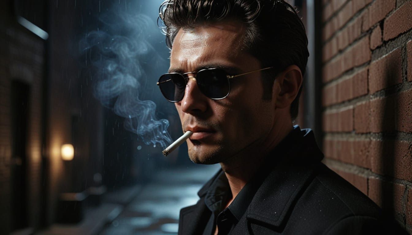 Film Noir Gangster Smoking in Rainy City Alley