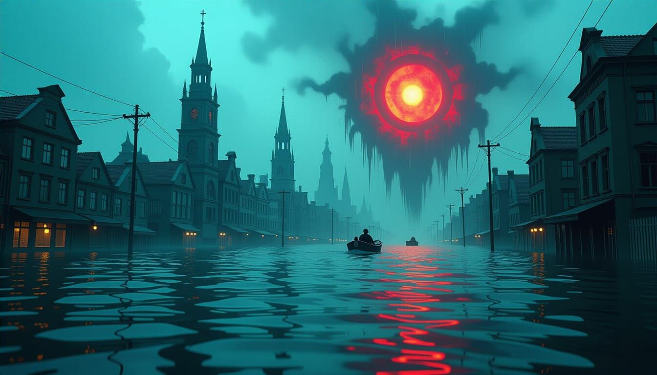 Flooded Cityscape in Biomechanical Style