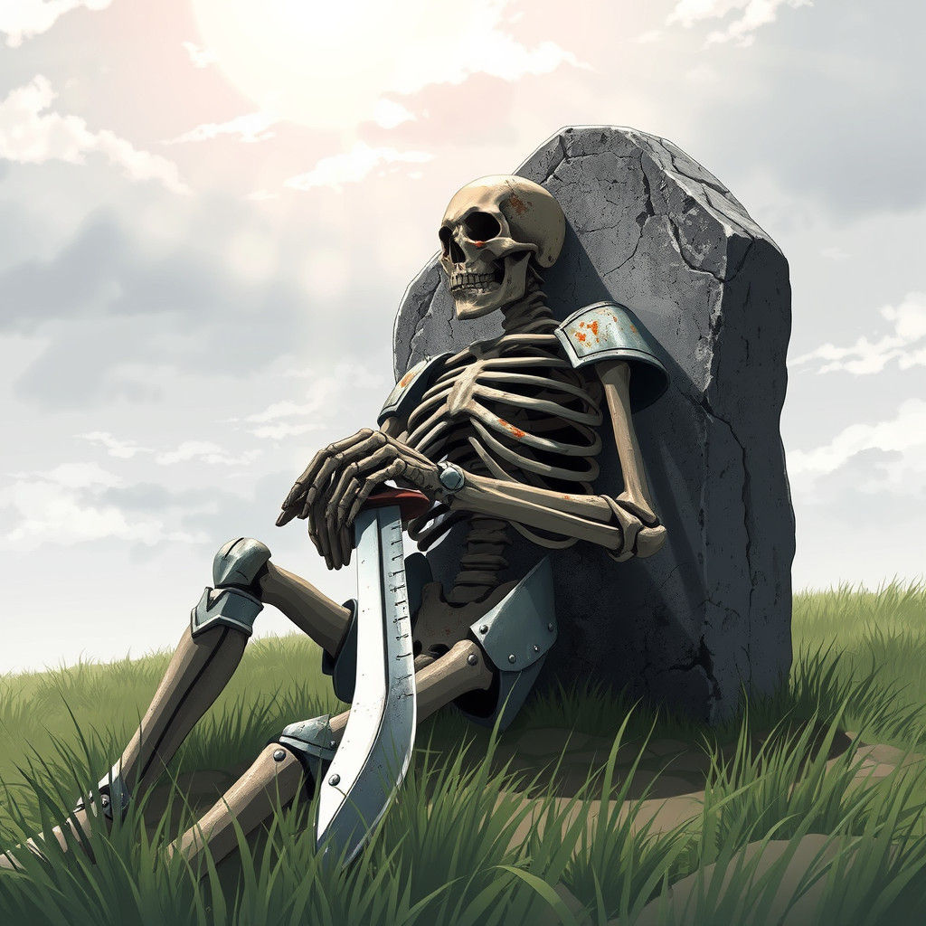 Anime Knight Skeleton Resting in Overgrown Field