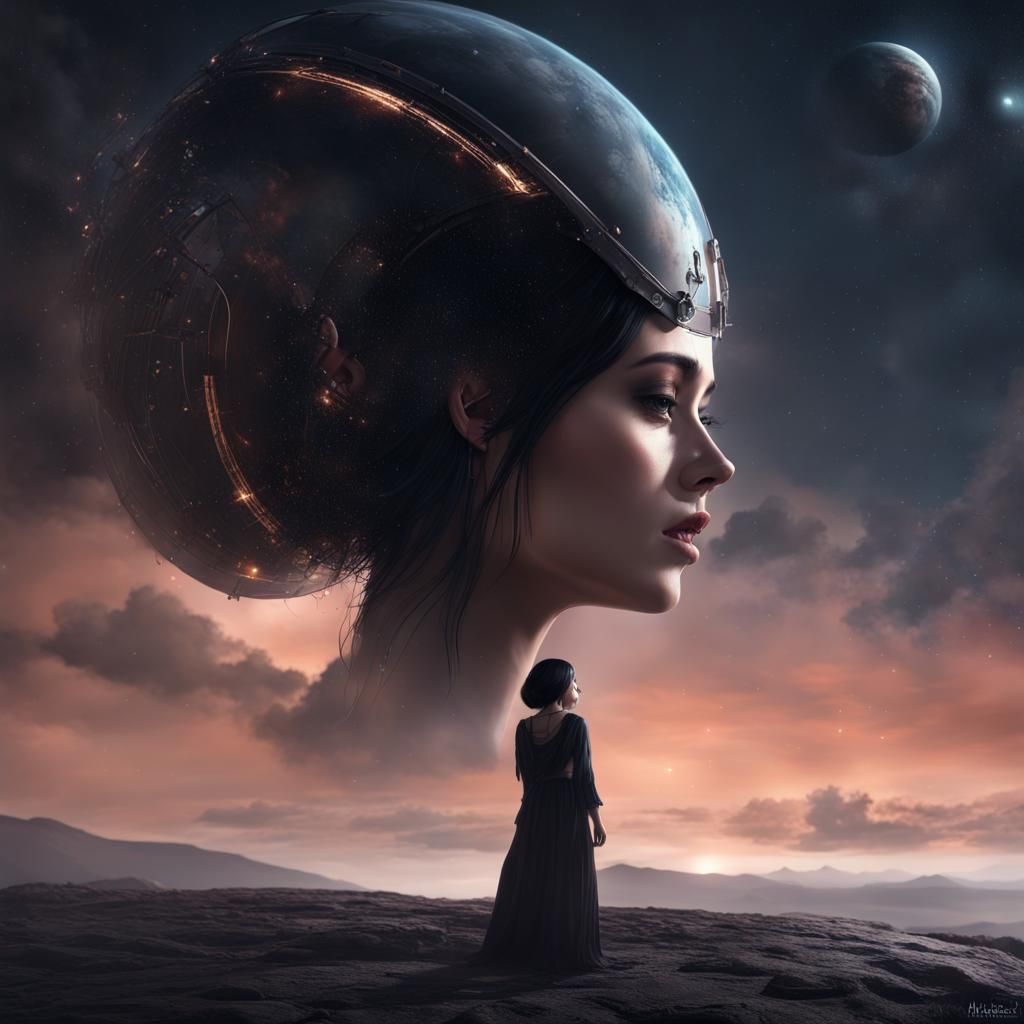 Gothic Woman Mourns Husband Under Alien Sky