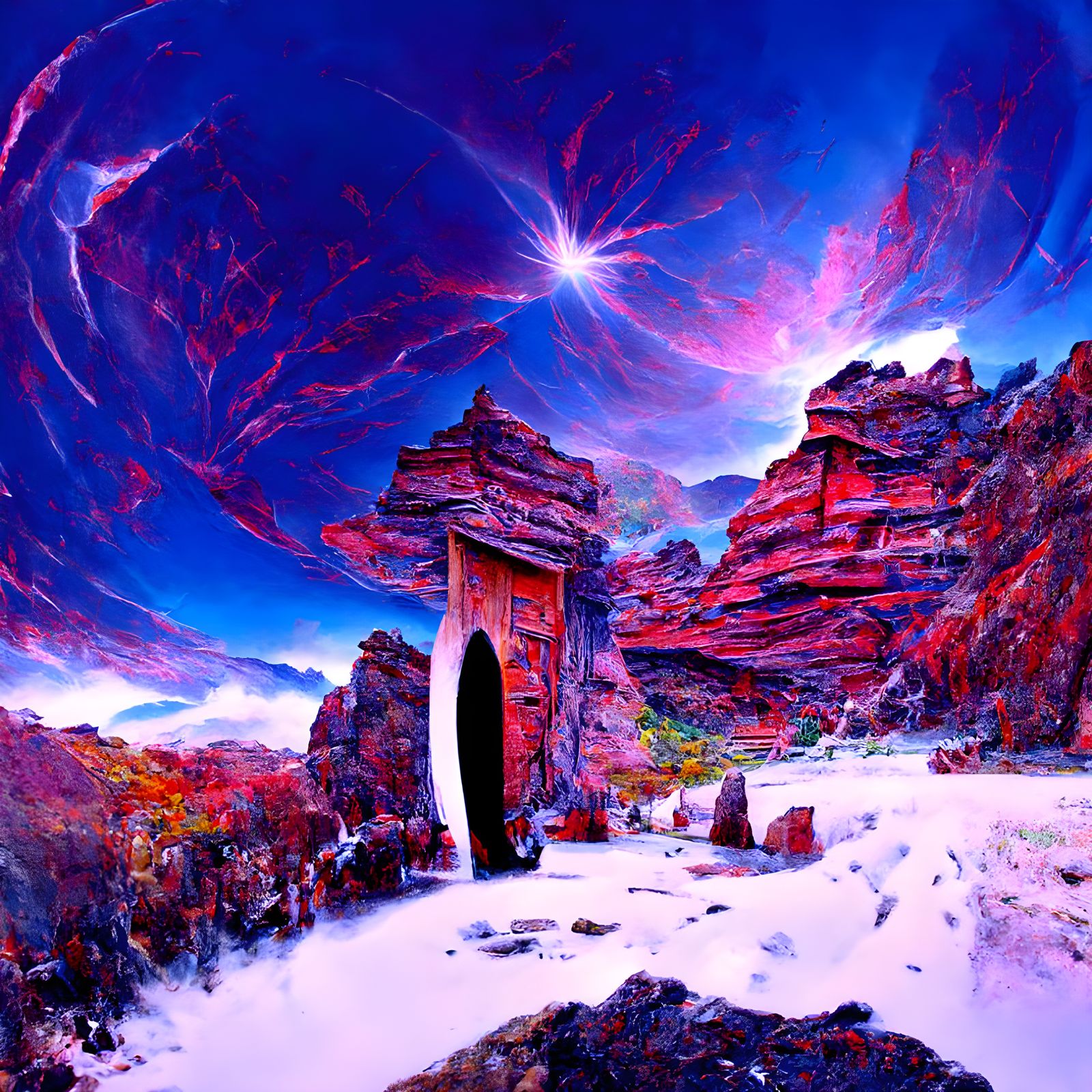 Mystical Stone Doorway in Canyon: Ukiyo-e Photoillustration