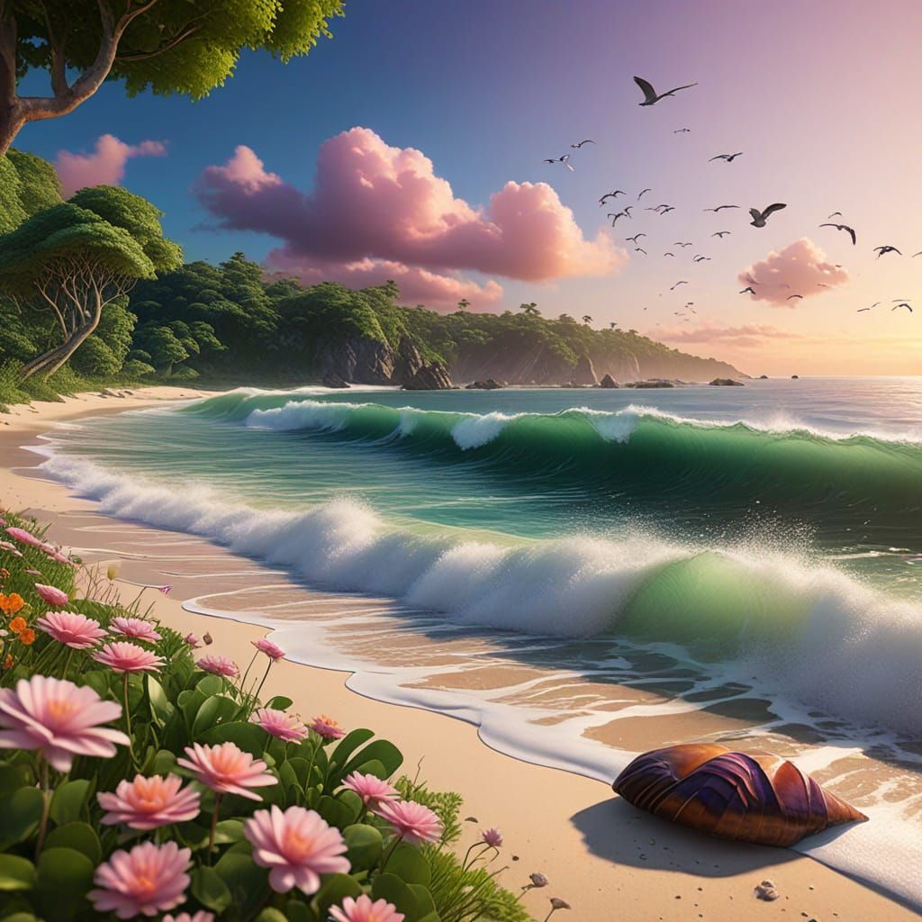 Rainbow Seashell Contains Mountain Landscape: 3D Render