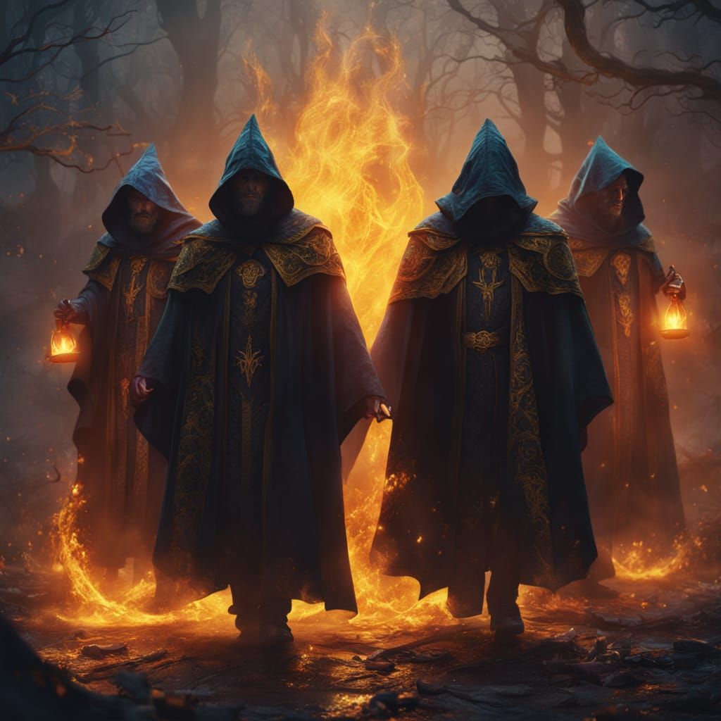 Male Witches Coven in Fantasy Oil Painting
