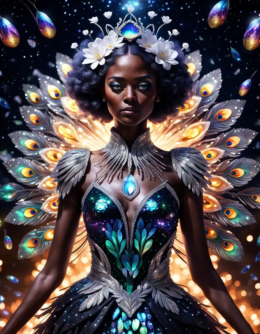 Iridescent Crystal Woman in Peacock Dress