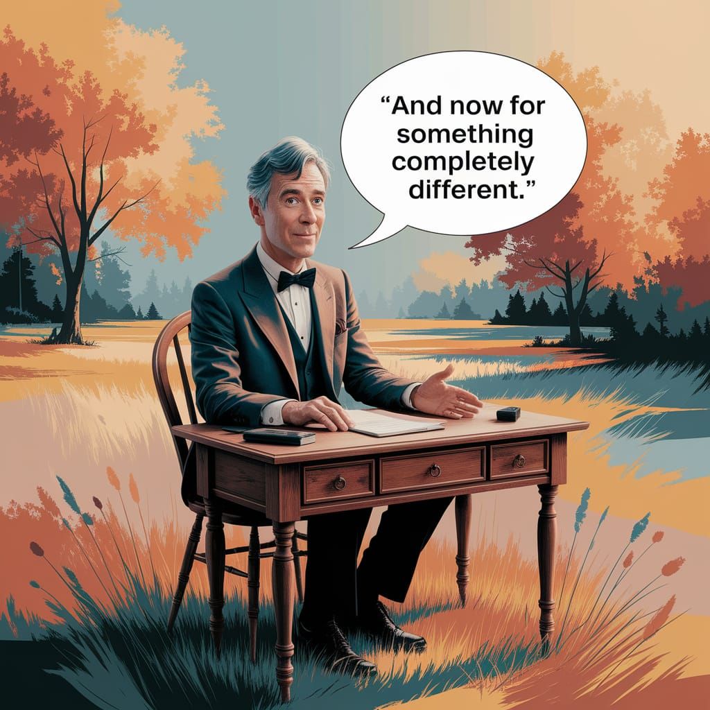 John Cleese in Abstract Art Amidst Sunlit Meadow