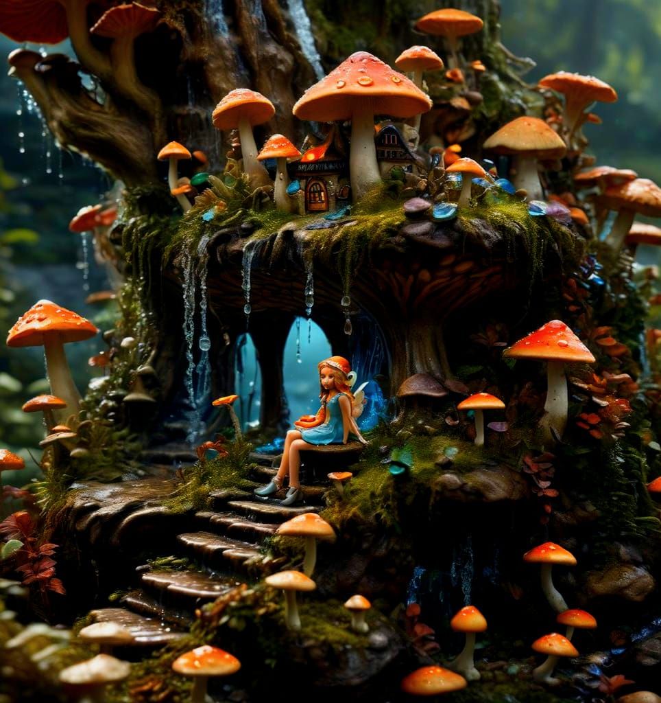 Macro Fairy on Mushroom in Candy Art Style
