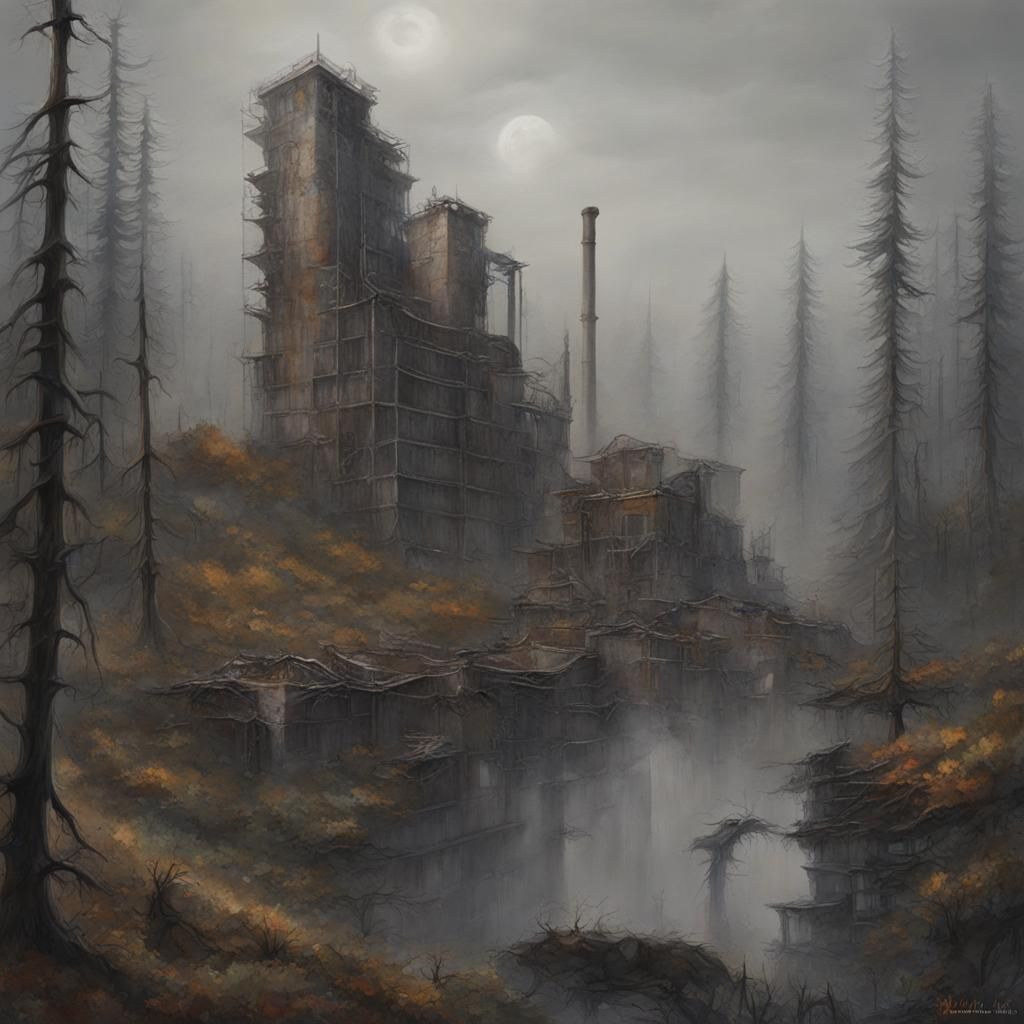 Eerie Abandoned Factory in Gloomy Forest, Detailed Concept A...