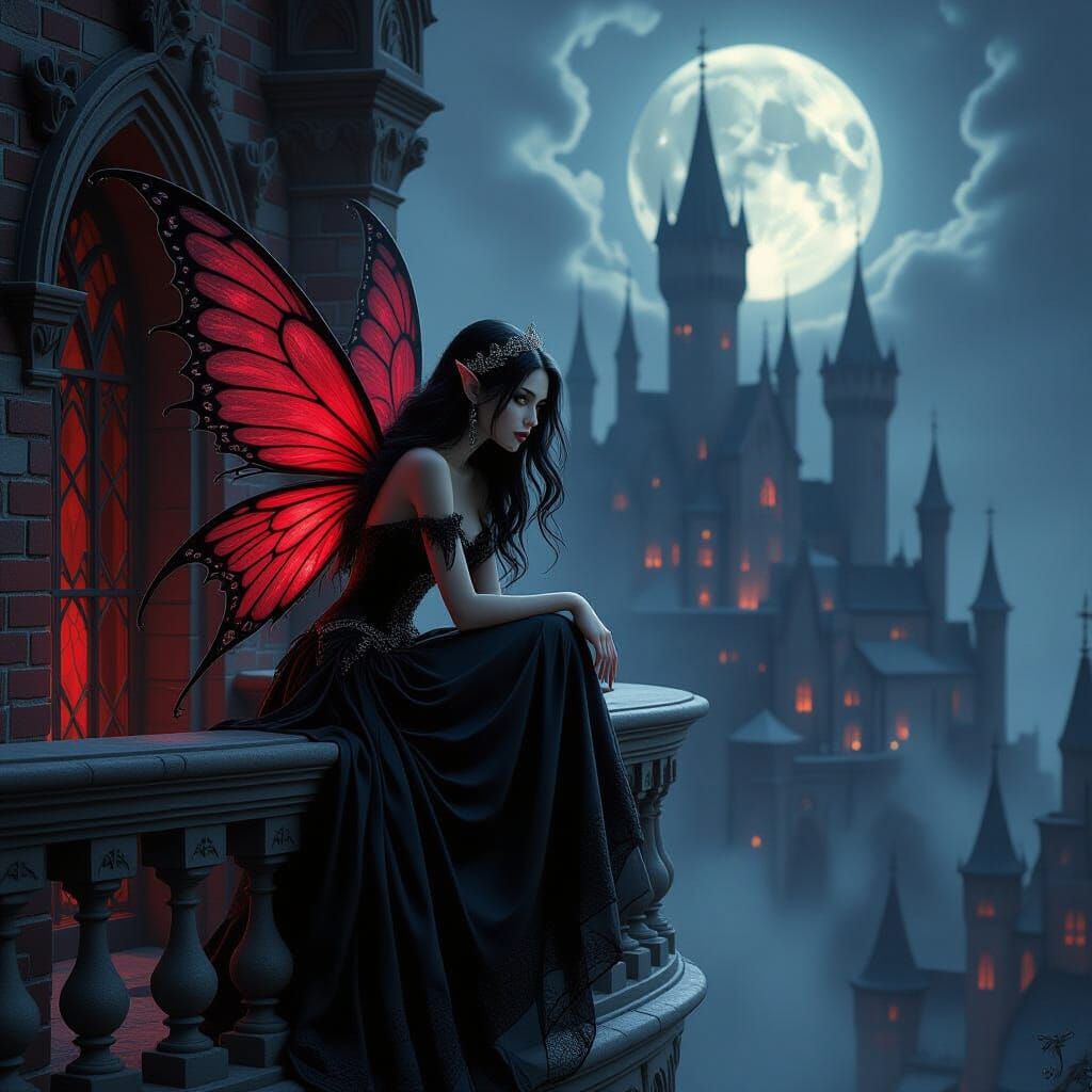 Gothic Fairy on Castle Balcony in Dark Fantasy Style