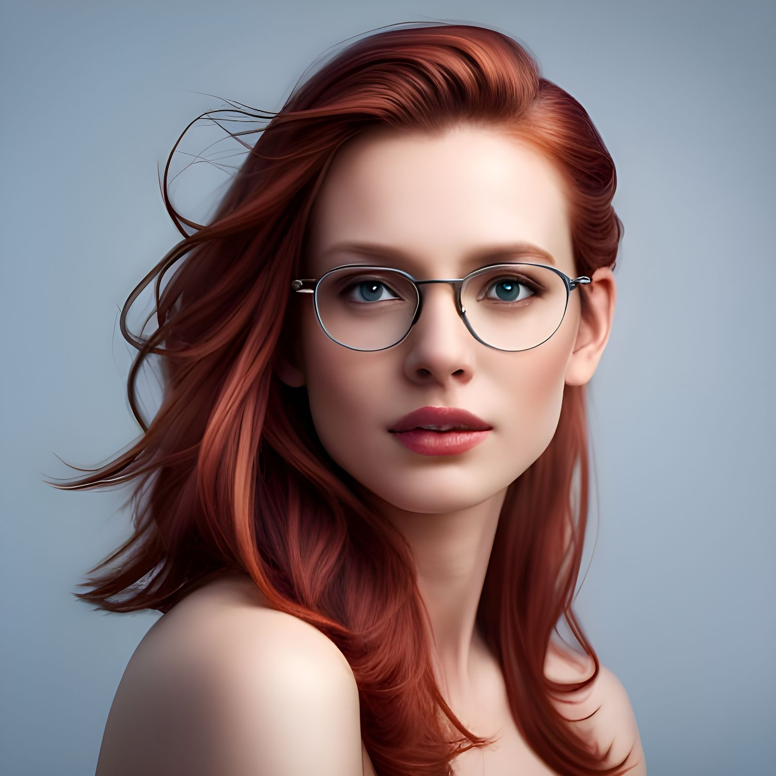 skin eyes hair 8k, HQ, Ultrawide photo portrait of a gorgeous young woman, long auburn red hair with a loving expression...