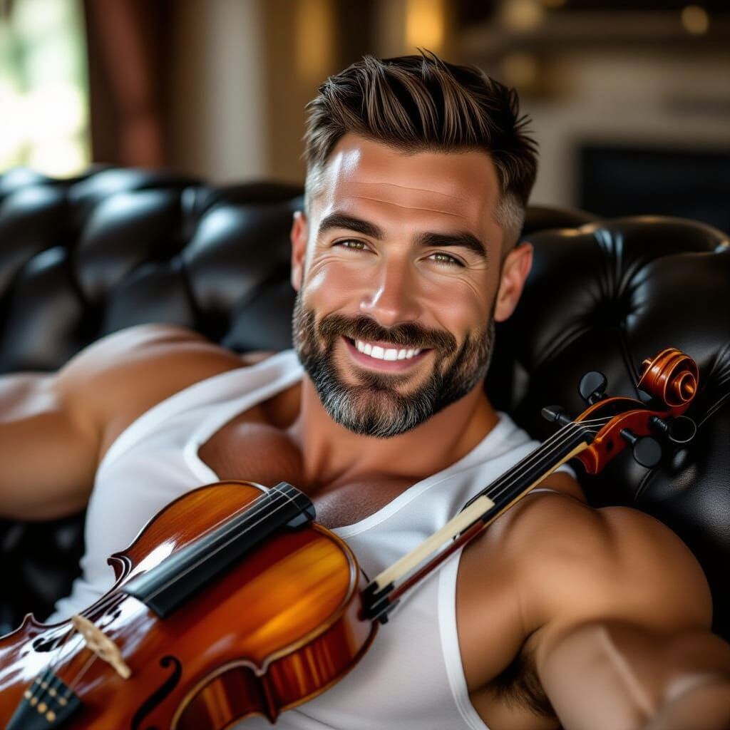 Masculine Man Poses Sensually on Leather Sofa