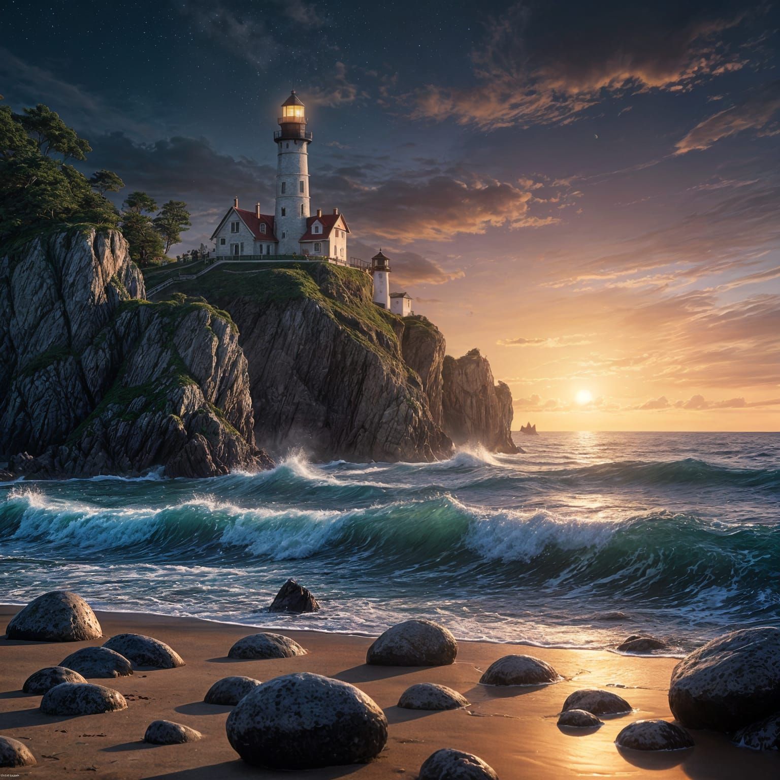 Hyperrealistic Moonlit Seascape with Sailing Ship