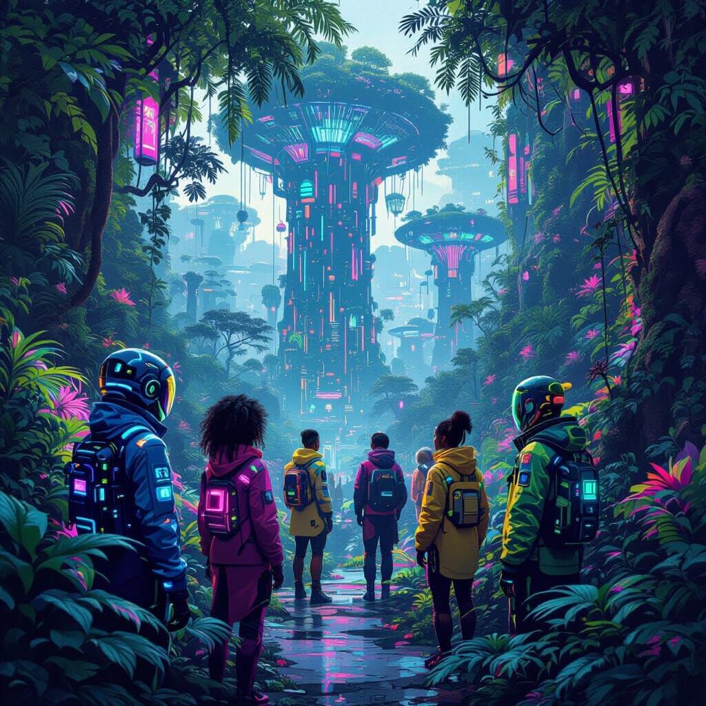 Futuristic Rainforest with Diverse People in High-Tech Attir...