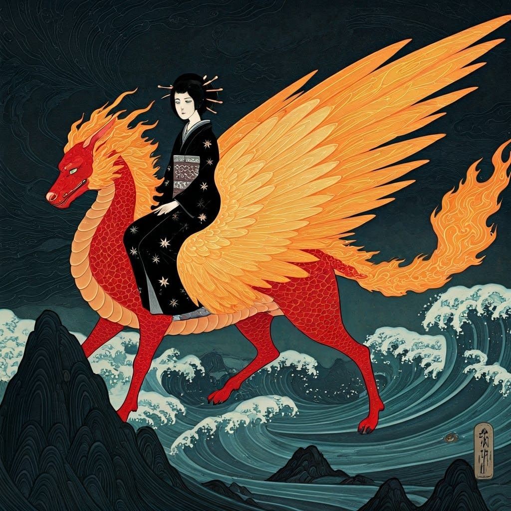 Woman Rides Fiery Kirin in Art Deco Style