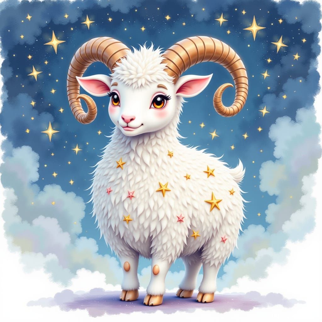 Cosmic Ram in Watercolor Starry Sky