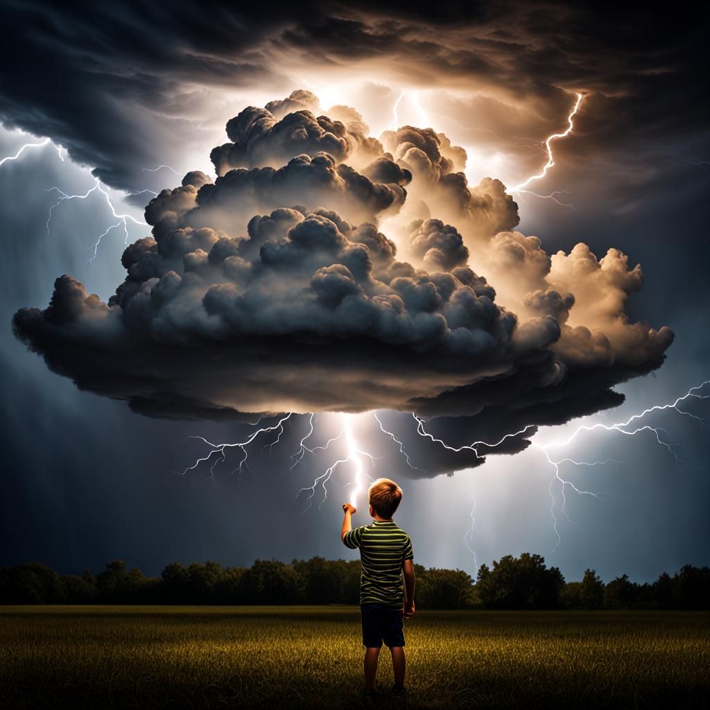 Boy Holds Lightning Cloud in Surreal Dreamscape