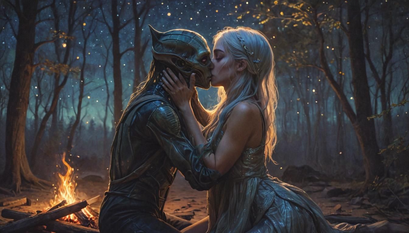 Romantic Fantasy Kiss Under Starry Sky as Impressionist Art