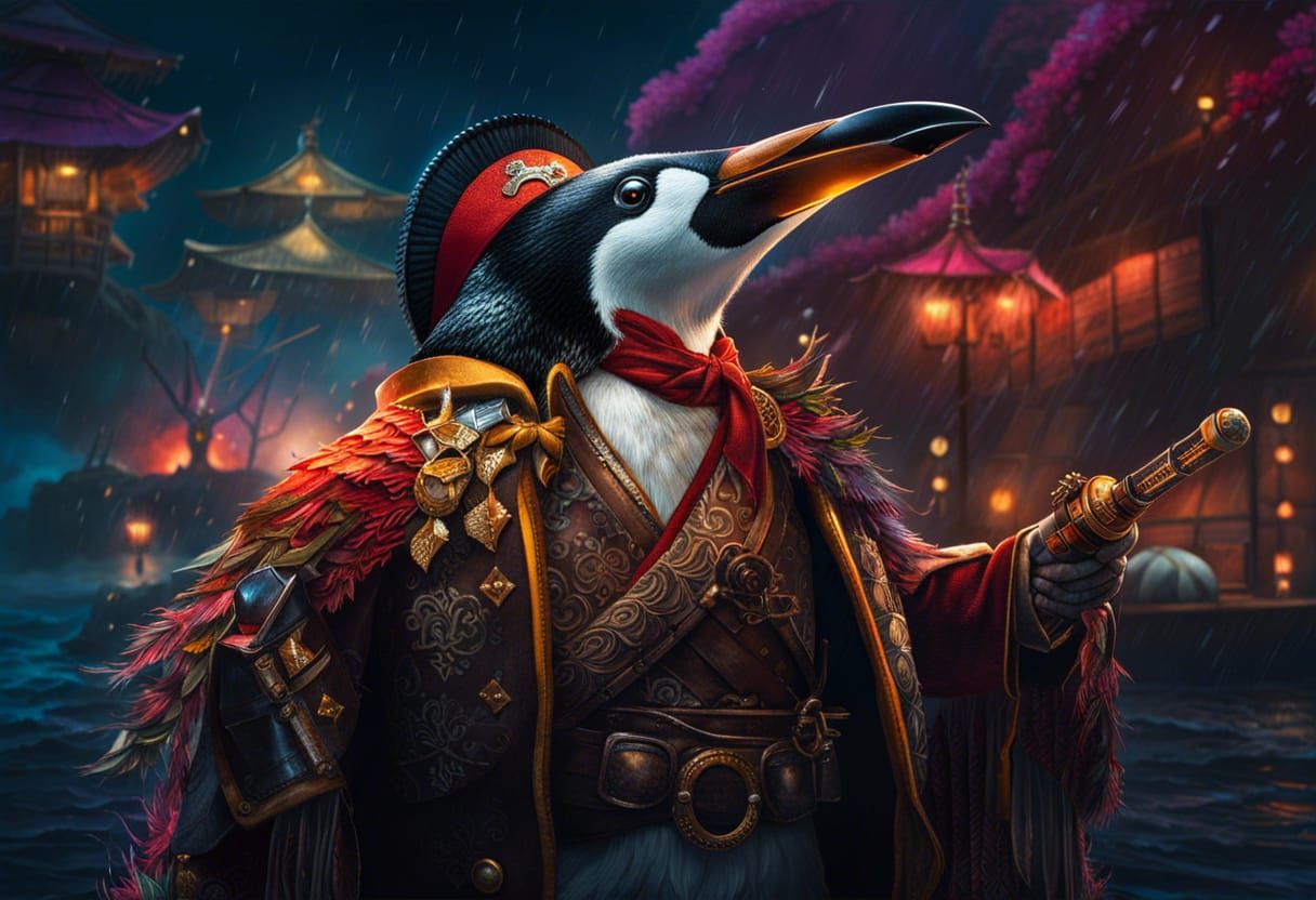 Japanese Penguin Pirate in Detailed Splash Art