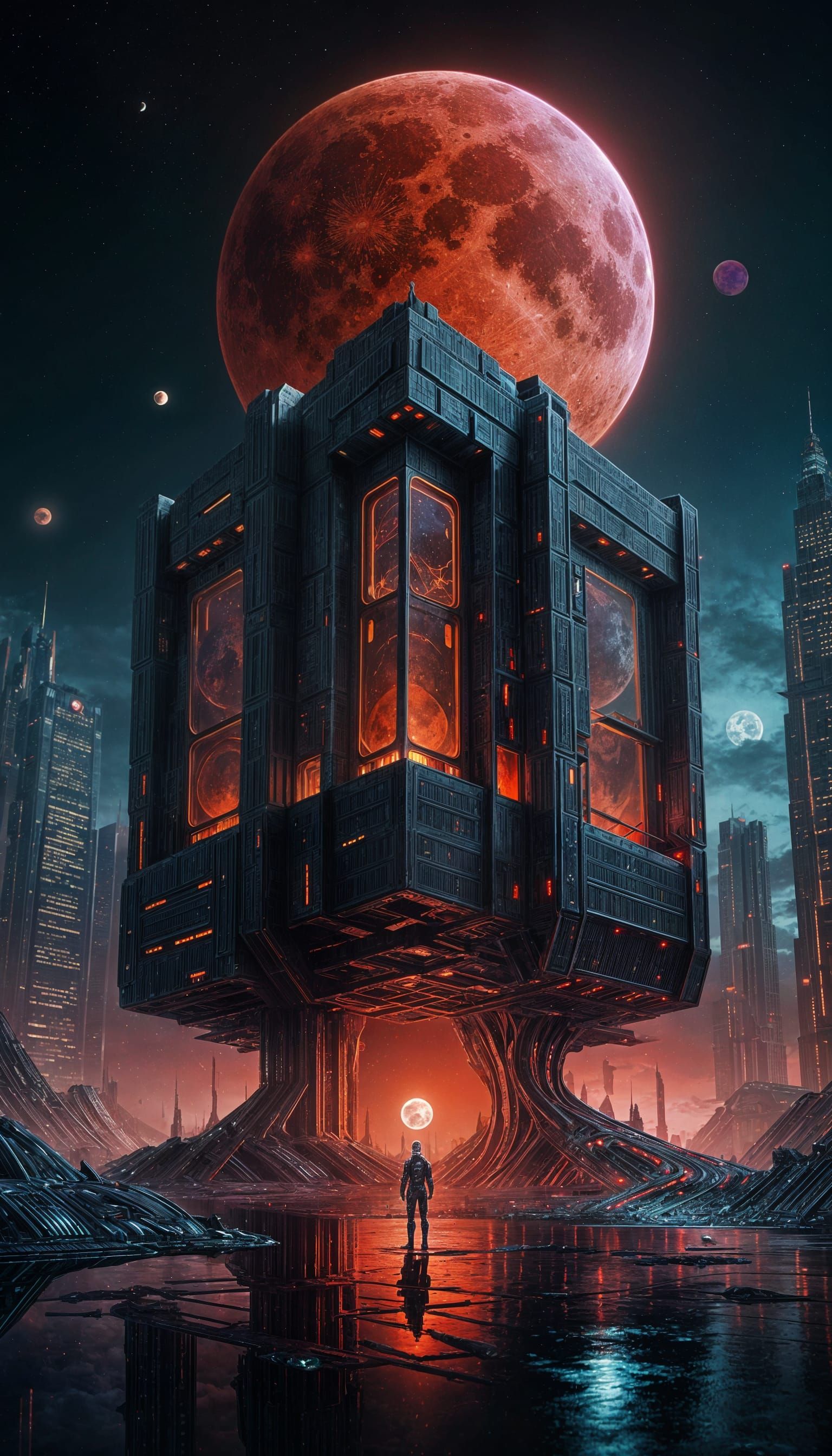 Cyberpunk Alien Architecture in a Blood Moon Night Sky