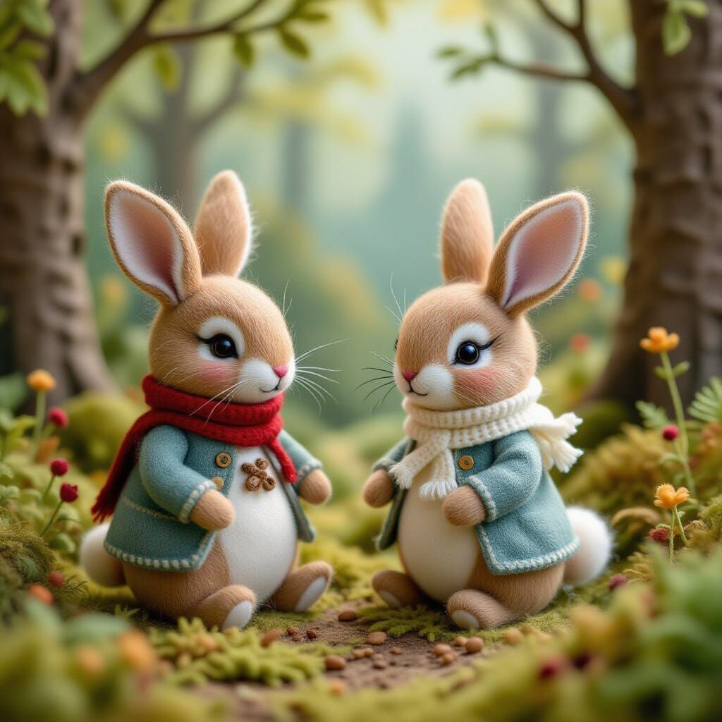 Felted Animals in Whimsical Forest, Children's Illustration