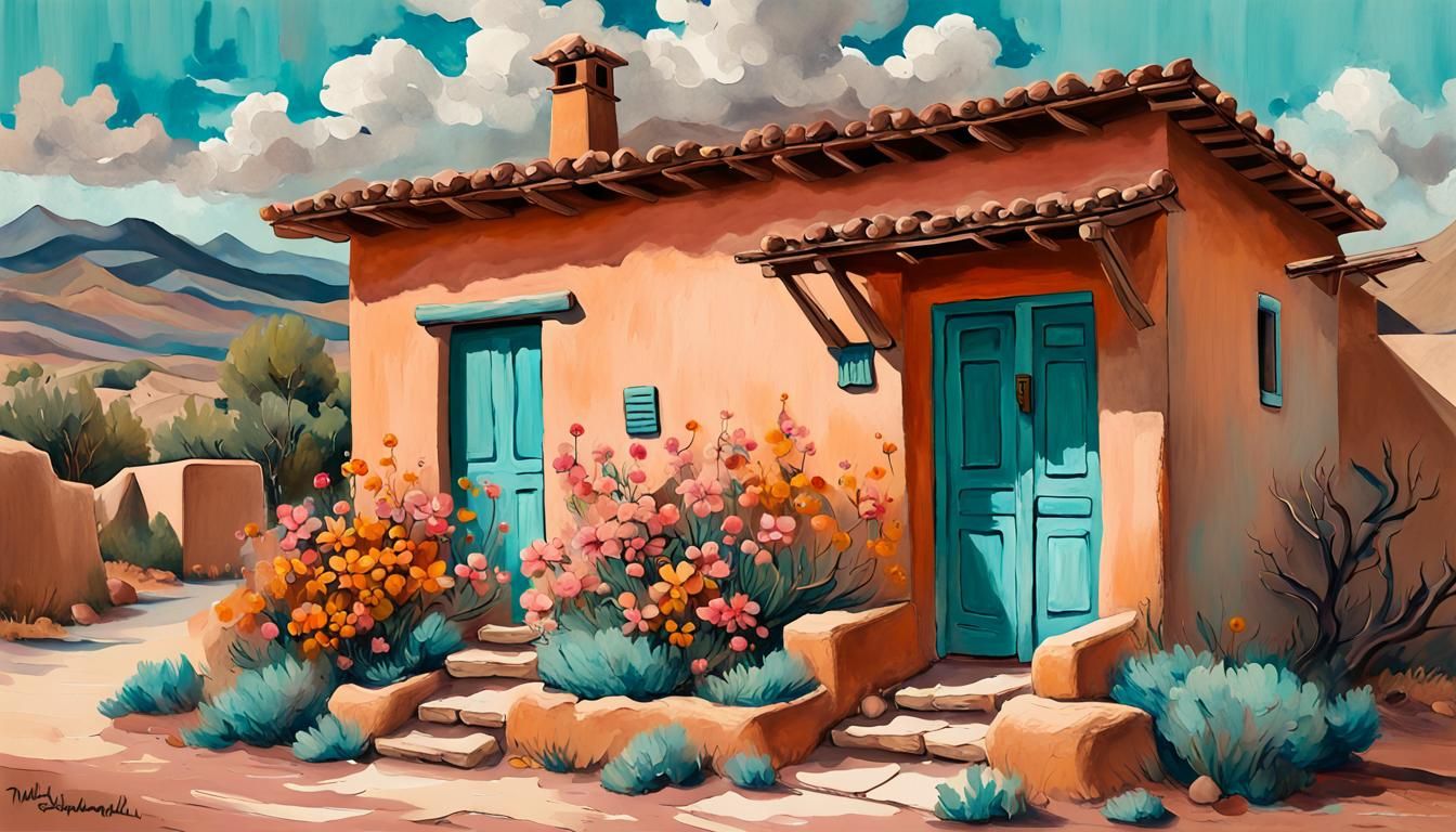 Adobe House with Turquoise Door in Impressionist Style