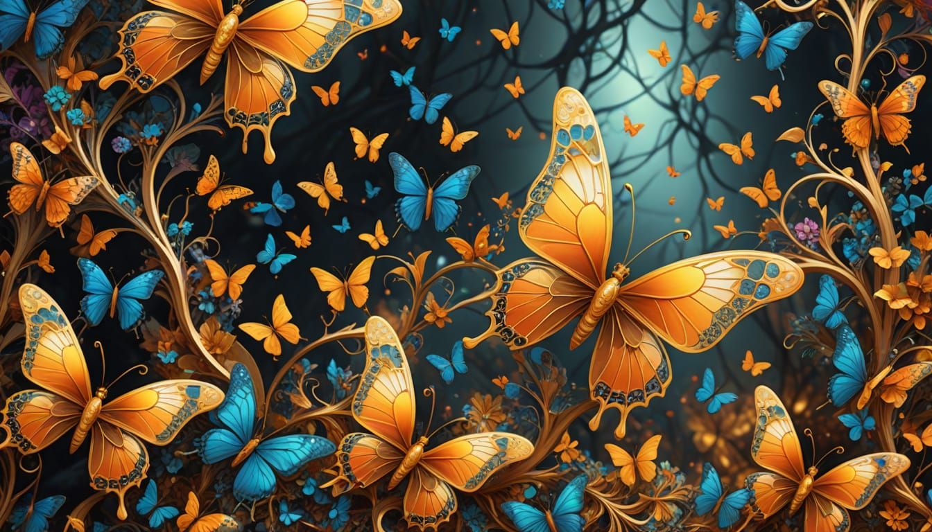Fractal Structure with Butterflies and Bees in Whimsical Fan...