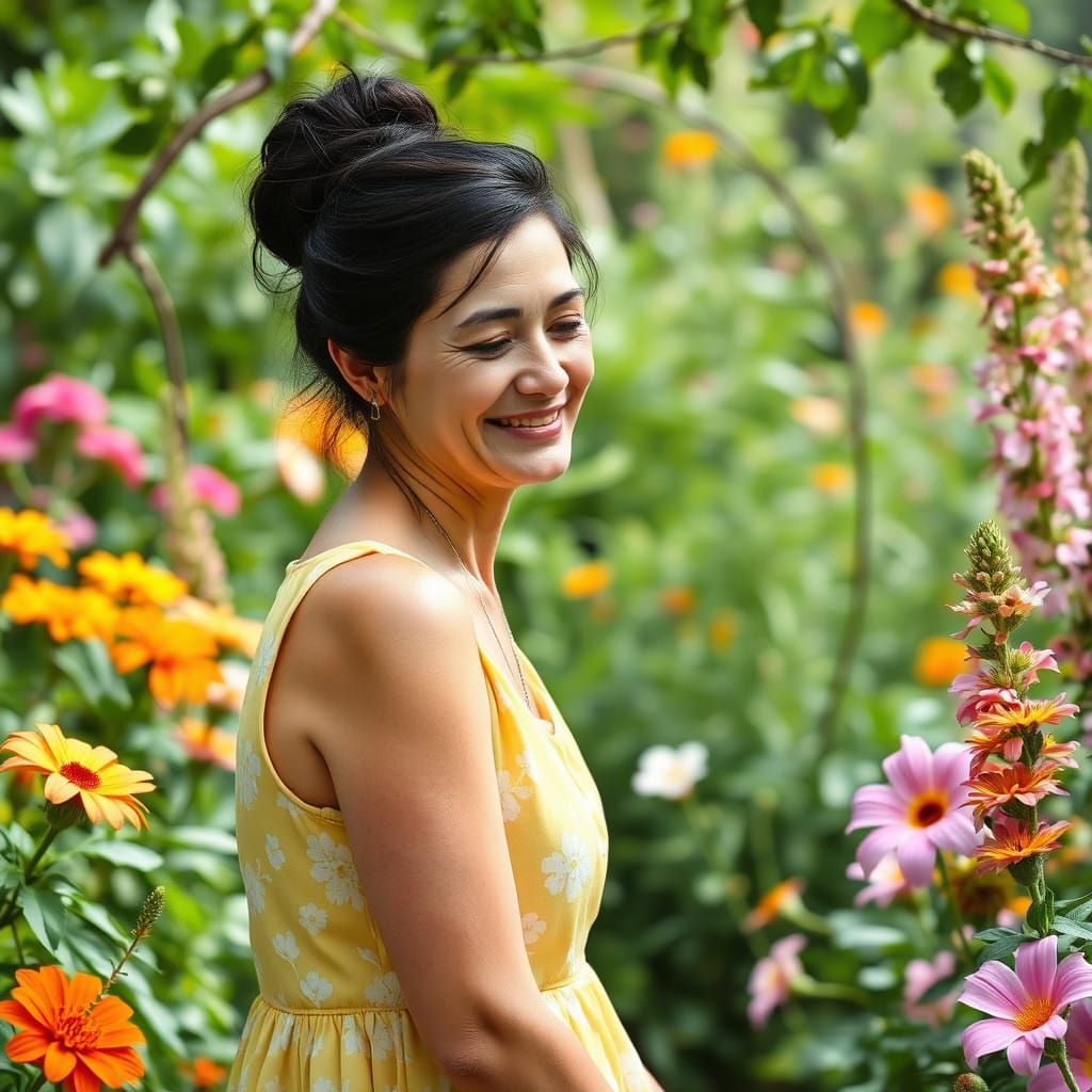 Whimsical Young Aunt in a Sunny Garden