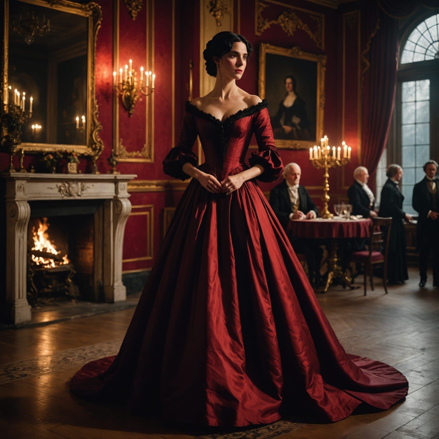 Elegant Woman in 1830s Ballgown in Grand Ballroom