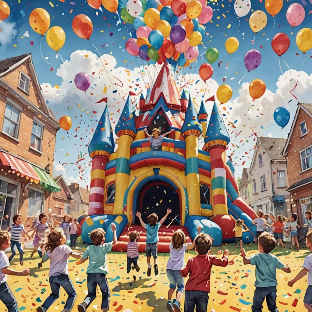 Bouncy Castle Ejecting Children: Vibrant Watercolor Illustra...