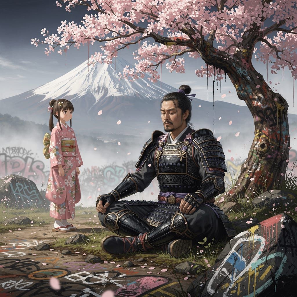 Samurai Warrior Meditating Under Cherry Blossoms