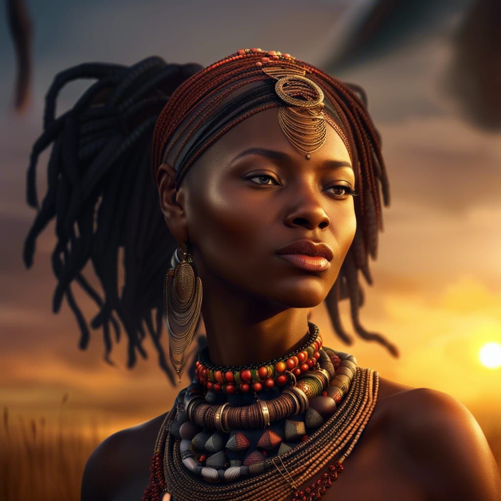 African Woman Portrait with Sunset Savanna Background