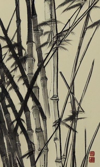 Bamboo on Hill in Chinese Ink Wash Style