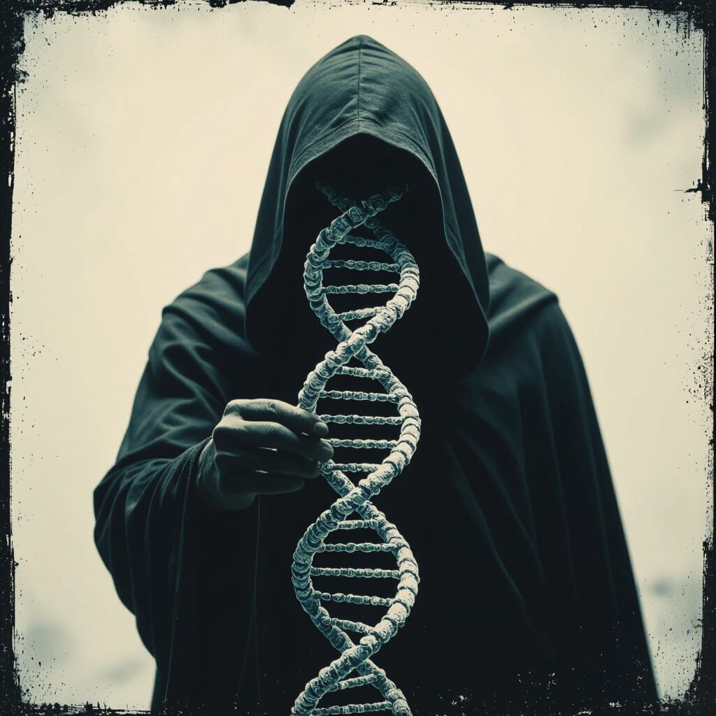Mysterious Figure Holds DNA Helix in Cinematic Lighting