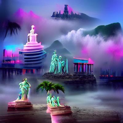 Misty Neon Vaporwave Island Matte Painting