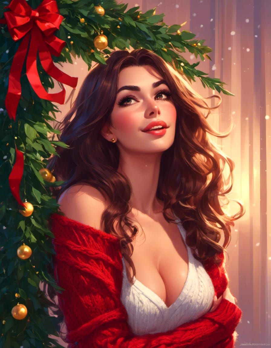 Beautiful Woman Under Mistletoe at Holiday Party