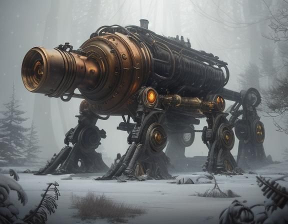 Aliens Examine Steampunk Engine in Snowy Forest