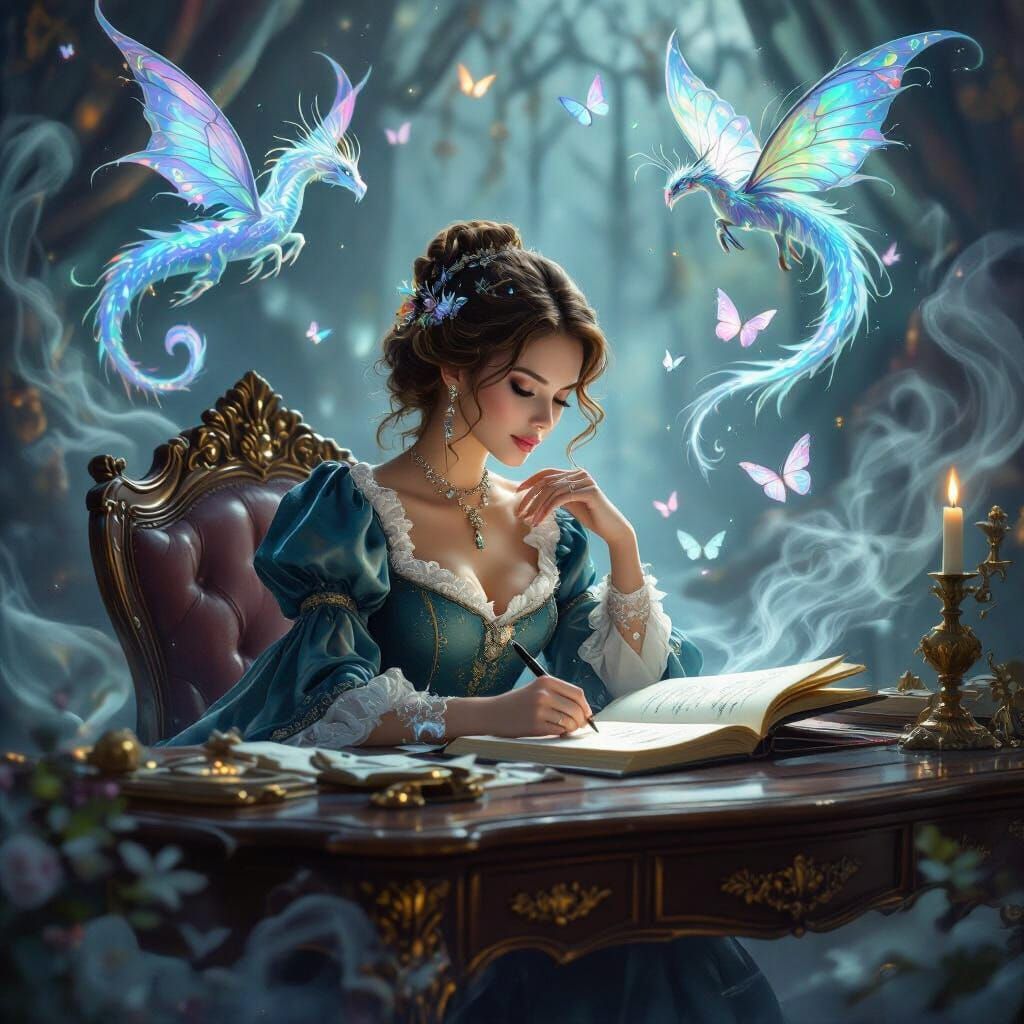 Ethereal Author Surrounded by Fantasy in Kinkade Style