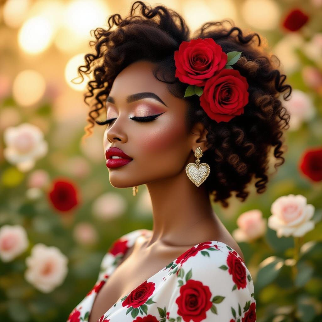 Elegant Portrait of Woman with Roses in Hair