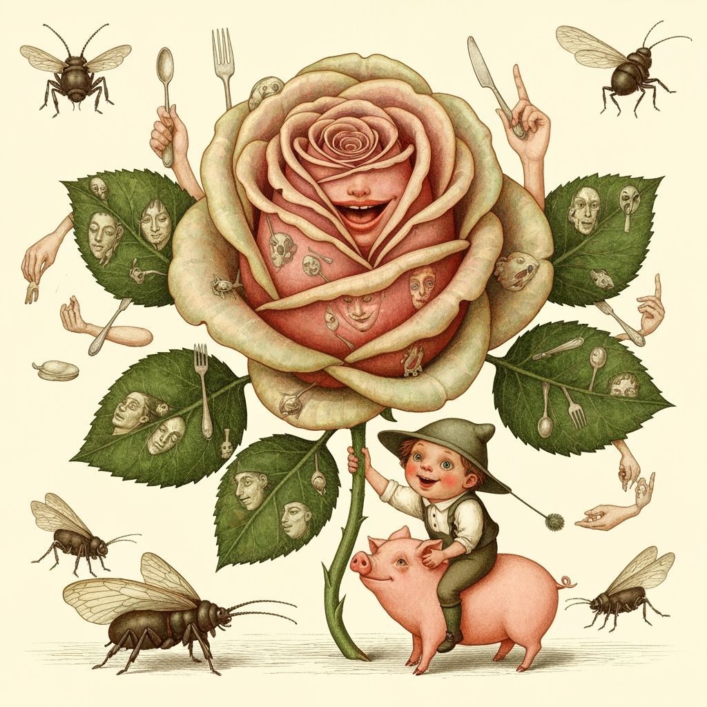 Surreal Rose with Child and Piglet, Folklore Style