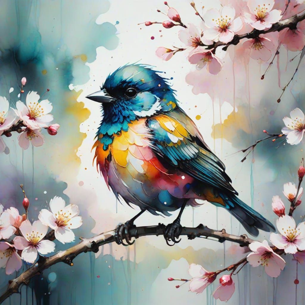 Surreal Cherry Blossom Bird in Vibrant Pastel Hues