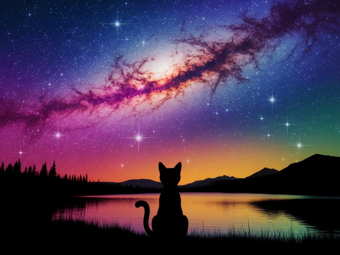 Cosmic Cat Silhouette with Galaxy Fill