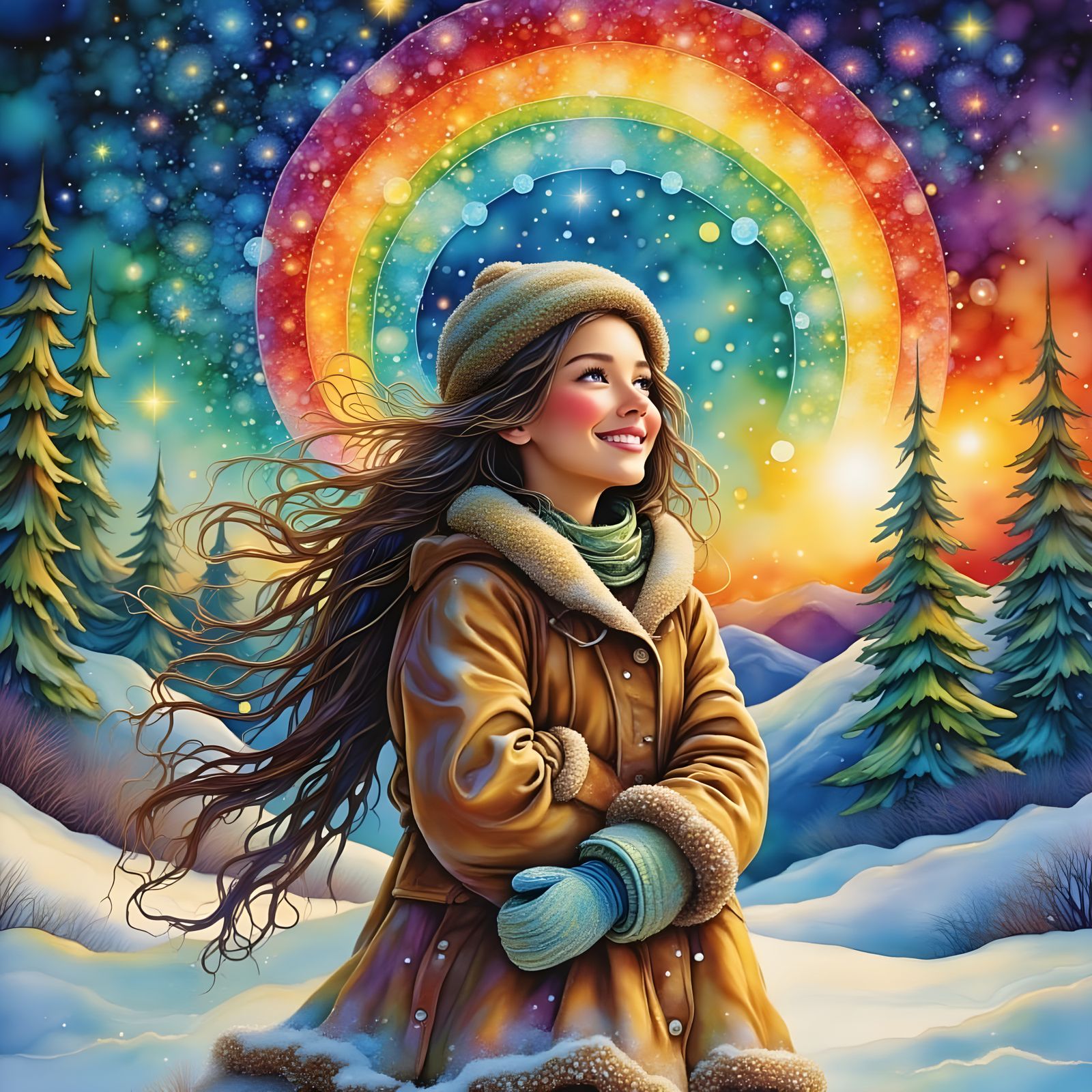 Ethereal Woman Holds Rainbow in Winter Wonderland